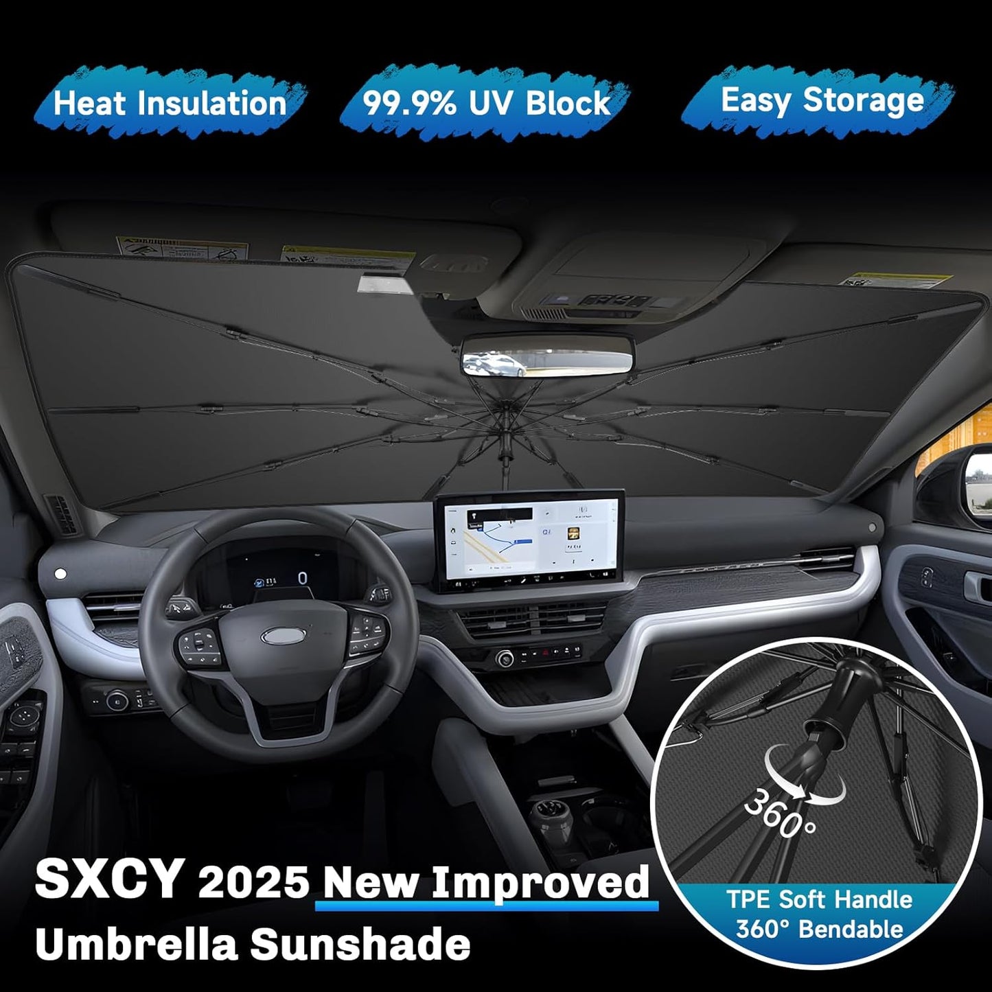 SXCY for 2020-2025 Ford Explorer Windshield Umbrella Sunshade [Easier Foldable] for 2025 Ford Explorer Accessories 2025 Explorer Sunshade Umbrella for 2025 Explorer Windshield Sun Shade Umbrella