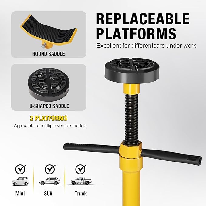 YELLOW JACKET Underhoist Support Stand 3/4 Ton Capacity with Foot Pedal, Lifting from 52.8" to 76.5", 12 Inch Diameter Base, Bearing Mounted Spin Handle, Contoured Saddle, Supports Vehicle Components