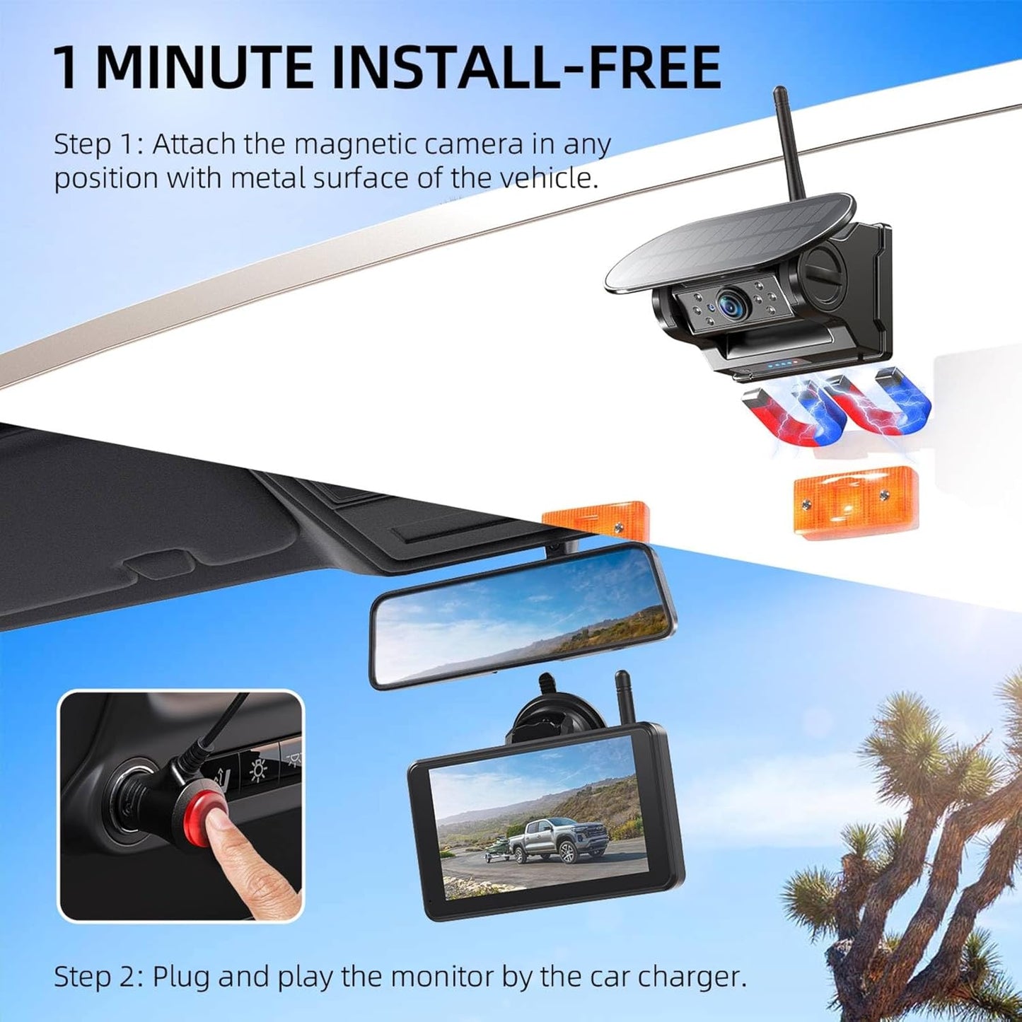 eRapta Magnetic Solar Wireless Backup Camera: HD1080P 5” Touchscreen Portable with DVR, BSD, 1-Min Install-Free IR Night Vision Hitch Backup Camera for Trailer/Truck/Small RV/Camper/Tractor-AWTCM501