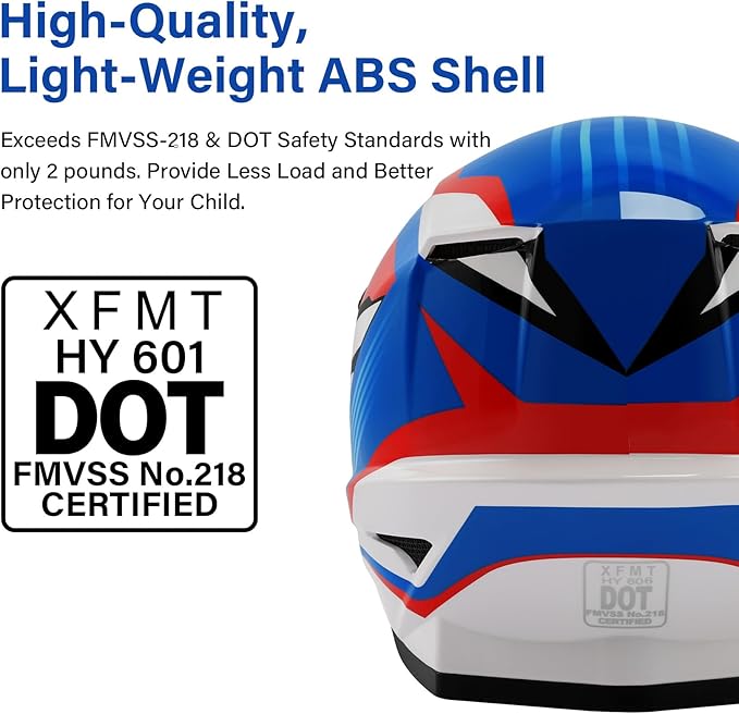 XFMT DOT Youth Kids Dirt Bike Helmet Full Face Motocross Helmets for Off-Road ATV Street Bike Four Wheeler Motorcycle with Goggles & Gloves, Red White and Blue Small