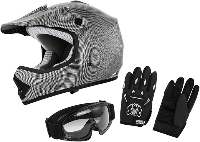 XFMT DOT Youth Kids Dirt Bike Helmet Full Face Motocross Helmets for Off-Road ATV Street Bike Four Wheeler Motorcycle with Goggles & Gloves (Carbon Fiber, Small)
