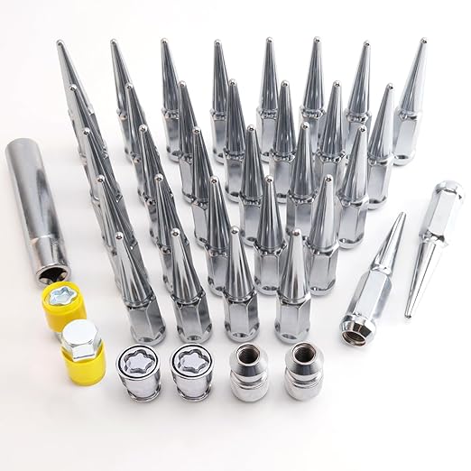 M14 x 1.5mm Wheel Locks, Fit for Ram 1500, Ram 2500, Ram 3500, F-150, F-250, F-350, Expedition, Wheel Locks Set, 4 Locking Lug Nuts 2 Pcs Key with 32Pcs Spike Lug Nuts+1 Key, Chrome
