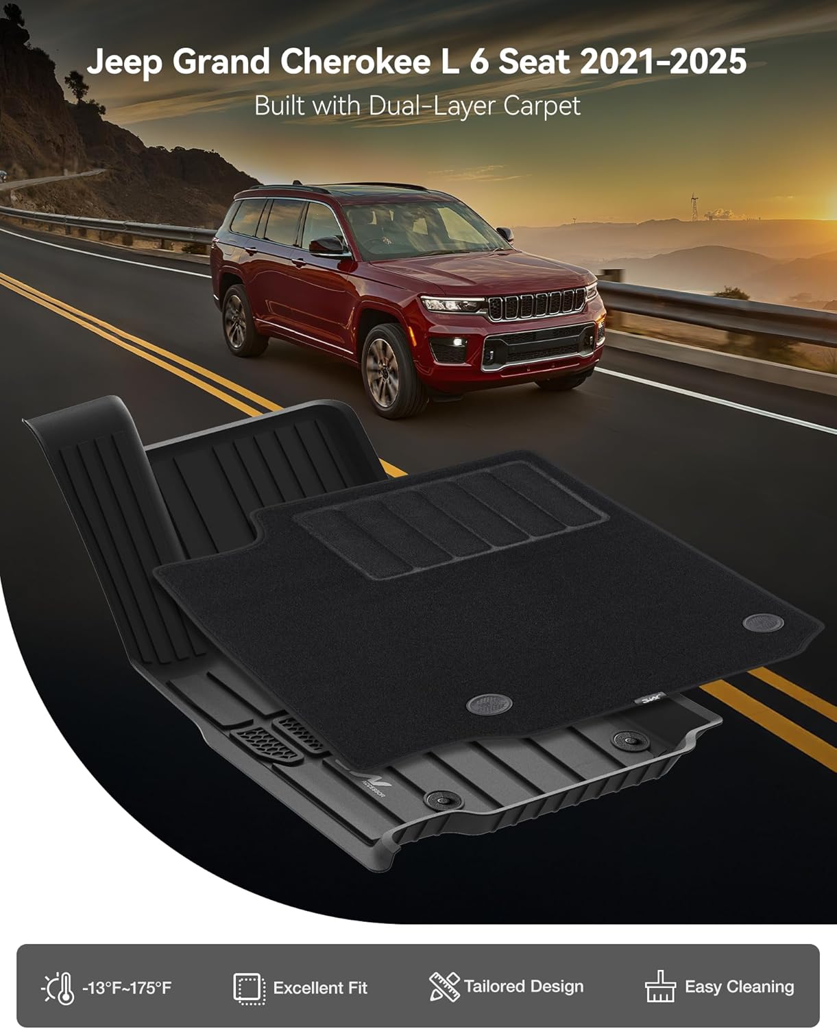 3W Floor Mats & Cargo Liner – Full Set (1st, 2nd & 3rd Row with Carpet) for Jeep Grand Cherokee L 2021-2025(Only for 6 Seat), Custom Fit TPE, All-Weather Waterproof,Black