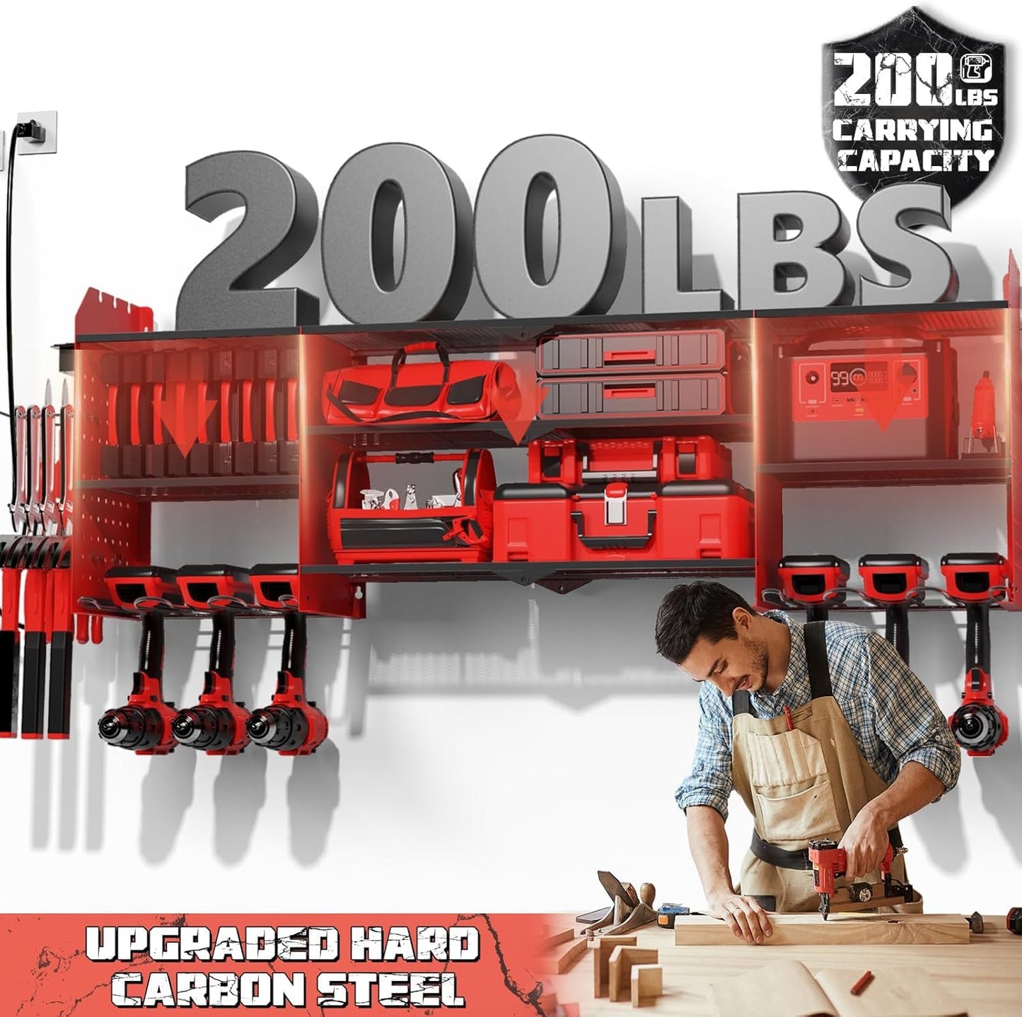 45" Large Power Tool Organizer Wall Mount with Charging Station - 3 Layer Storage Racks with 8 Cordless Drill Holder, 4 Hooks, Heavy Duty Garage Tool Organizer Storage for Workshop Pegboard Basement