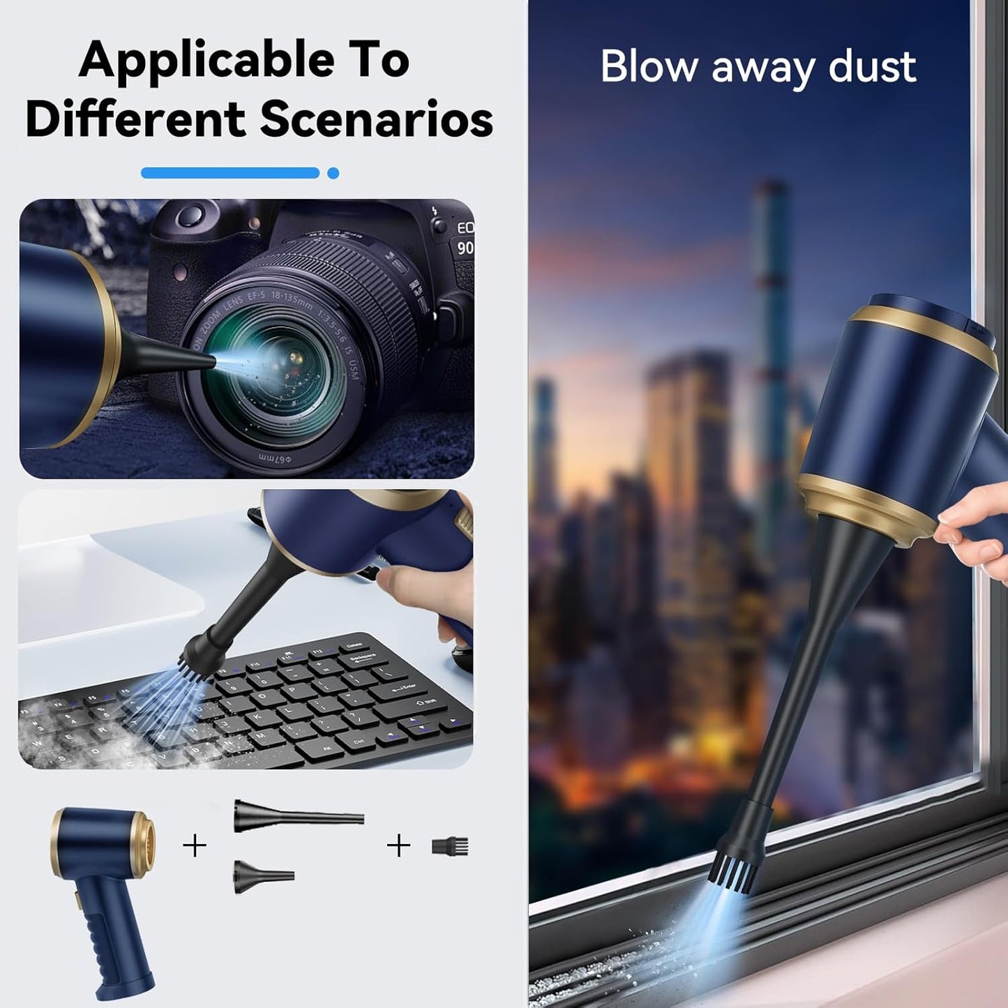 Mini Car Vacuum Portable Cordless Handheld Vacuum Cleaner and Air Duster 2 in 1 with Multi-Nozzles for Car, Computer, Sofa, Office, Pet, Home (Blue and Gold)