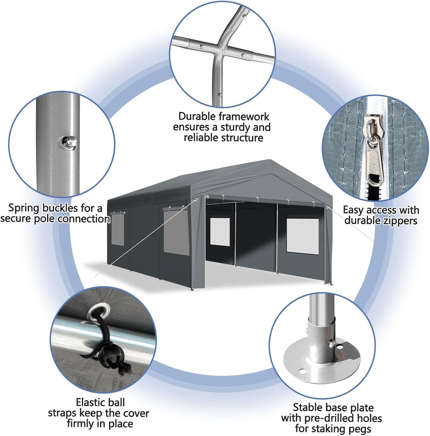VINGLI 12x20 Carport Canopy Portable Garage with Roll-up Windows & Removable Sidewalls, Car Canopy Heavy Duty Car Tent for SUV, Boats, RVs, Trucks (with Sidewalls)
