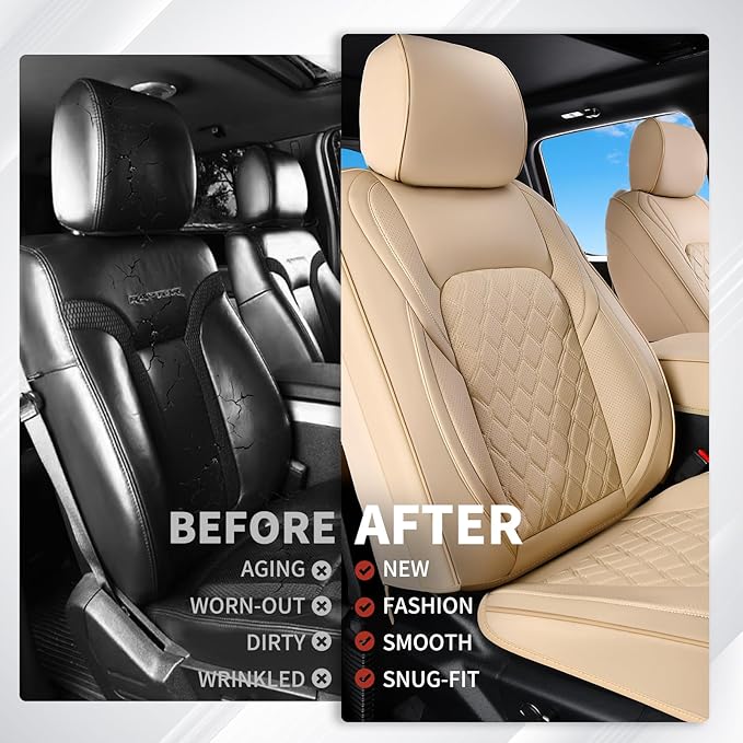 Huidasource F250 Front Seat Covers, 360° Full Coverage Leather Car Seat Protector Fit for Ford F150 2015-2025&F250 F350 F450 2017-2025 All Cab XL XLT Lariat King Ranch Platinum (Front Pair/Beige)