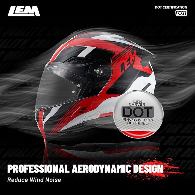 LEM Modular Motorcycle Helmets Fiberglass, Full Face Motorcycle Helmet Flip Up for Touring, DOT Certified, Release Sun Visor & Removable Comfort Liner, Lightweight Street Bike Helmet (Red/White,M)