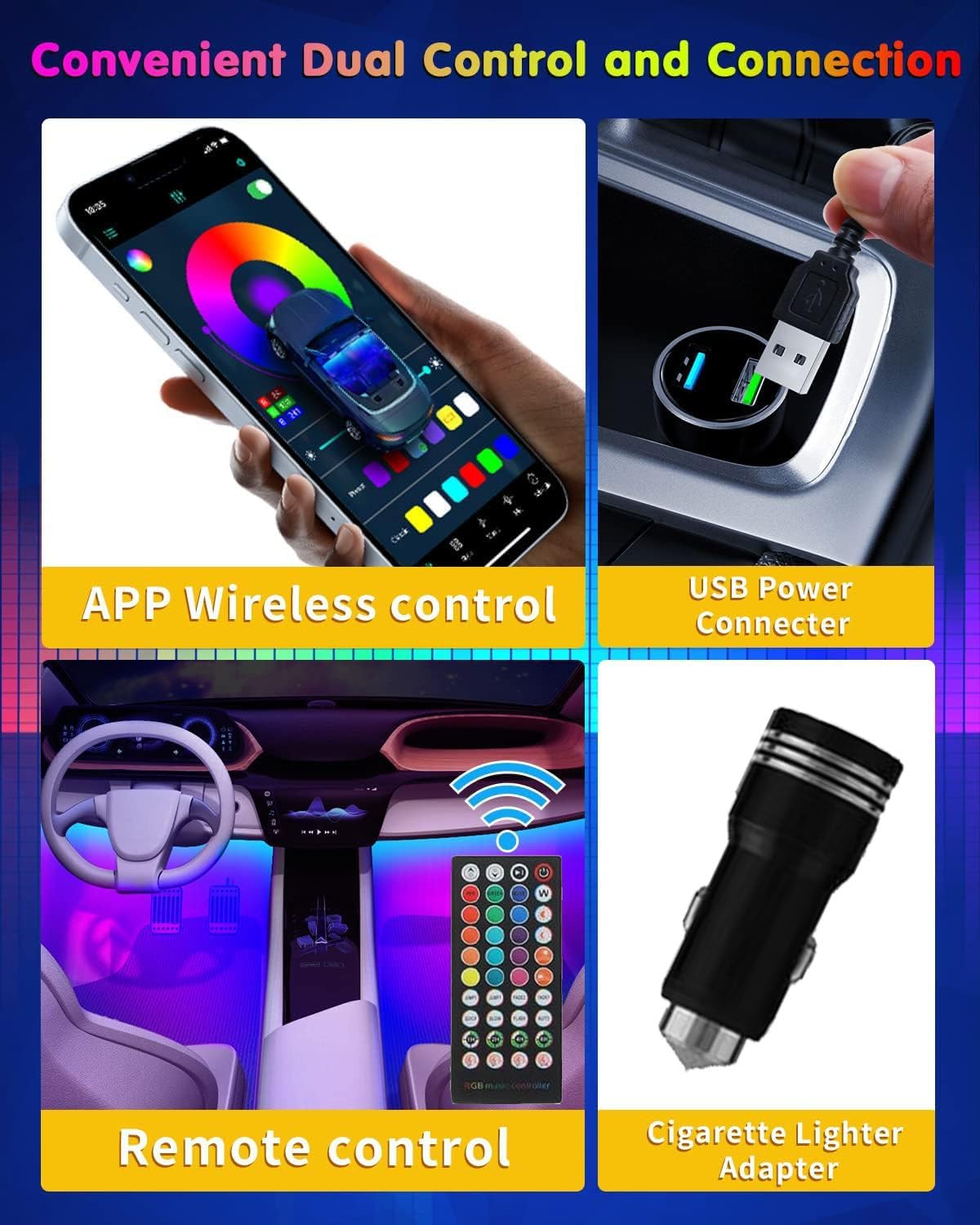 RGB Dream Color Interior Car Strip Lights with Smart APP Remote Control, DIY Mode and Music Mode, Multicolor Footwell Under Dash Chasing Inside Light Kits for Cars Truck ATV UTV with Car Charger