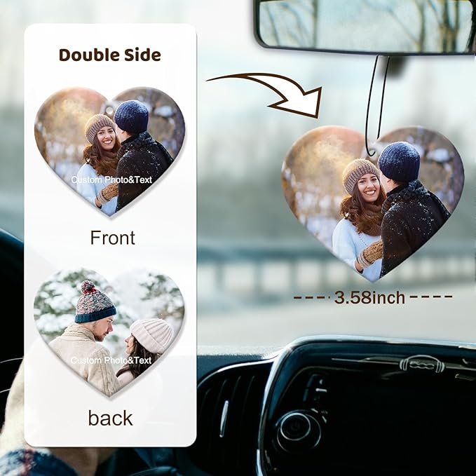 Personalized Photo Car Hanging Decor Accessories, Double-Sided Custom Picture Car Air Freshener Ornament, Car Charms for Rear View Mirror (Heart)