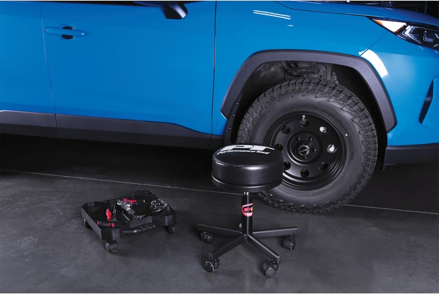 Performance Tool W85033 Extra-Thick Big Top Pneumatic Rolling Shop Stool for Mechanic Garages and Workshops, Black, 19x19x18.5-Inches