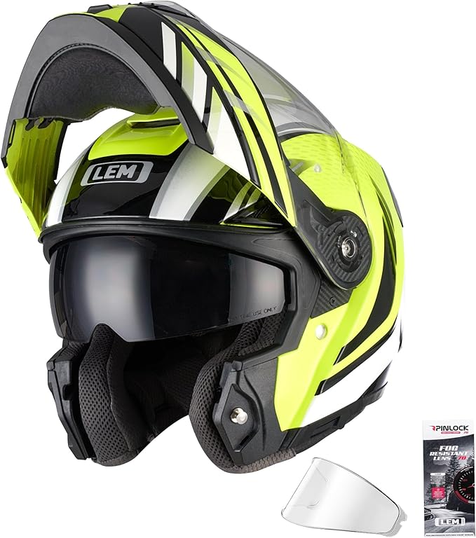 LEM Modular Motorcycle Helmets Fiberglass, Full Face Motorcycle Helmet Flip Up for Touring, DOT Certified, Release Sun Visor & Removable Comfort Liner, Lightweight Street Bike Helmet (Yellow, S)
