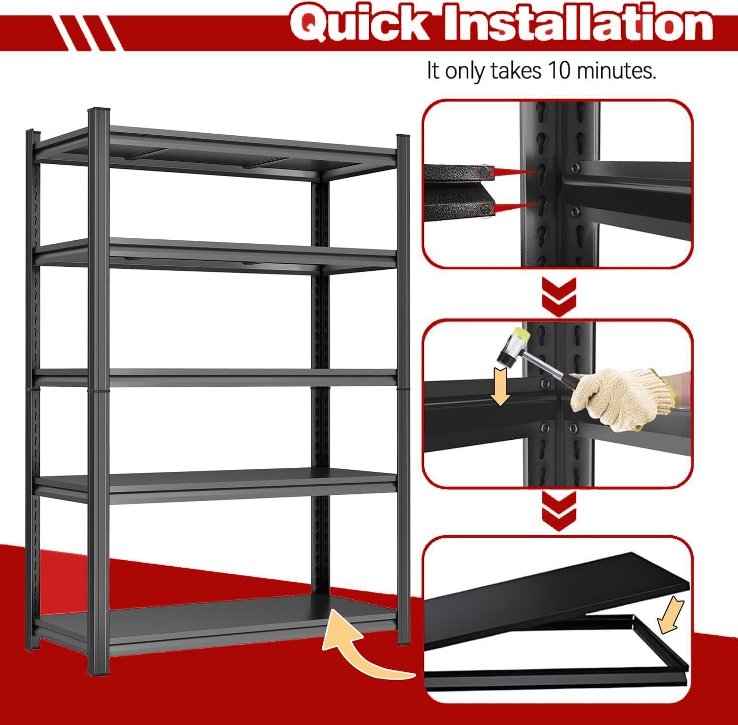 40" Wx72 H,Heavy Duty 5-Tier Steel Garage Shelving Unit | 3500LB Capacity| Garage & Basement Storage | Industrial-Grade Metal Shelving for Warehouses & Workshops | Adjustable, Rust-Resistant, Black