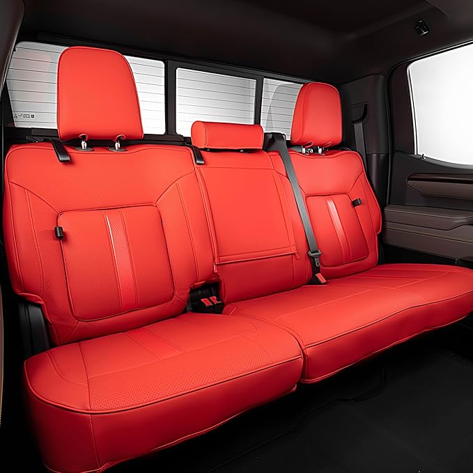 Seat Covers Fit for Chevy Silverado 1500 & GMC Sierra 1500 Crew Cab(2019-2025),Faux Leather Automotive Seat Covers,Custom Pickup Car Seat Covers Full Set,Red(with Rear Cup Holder/Seat Back Storage)