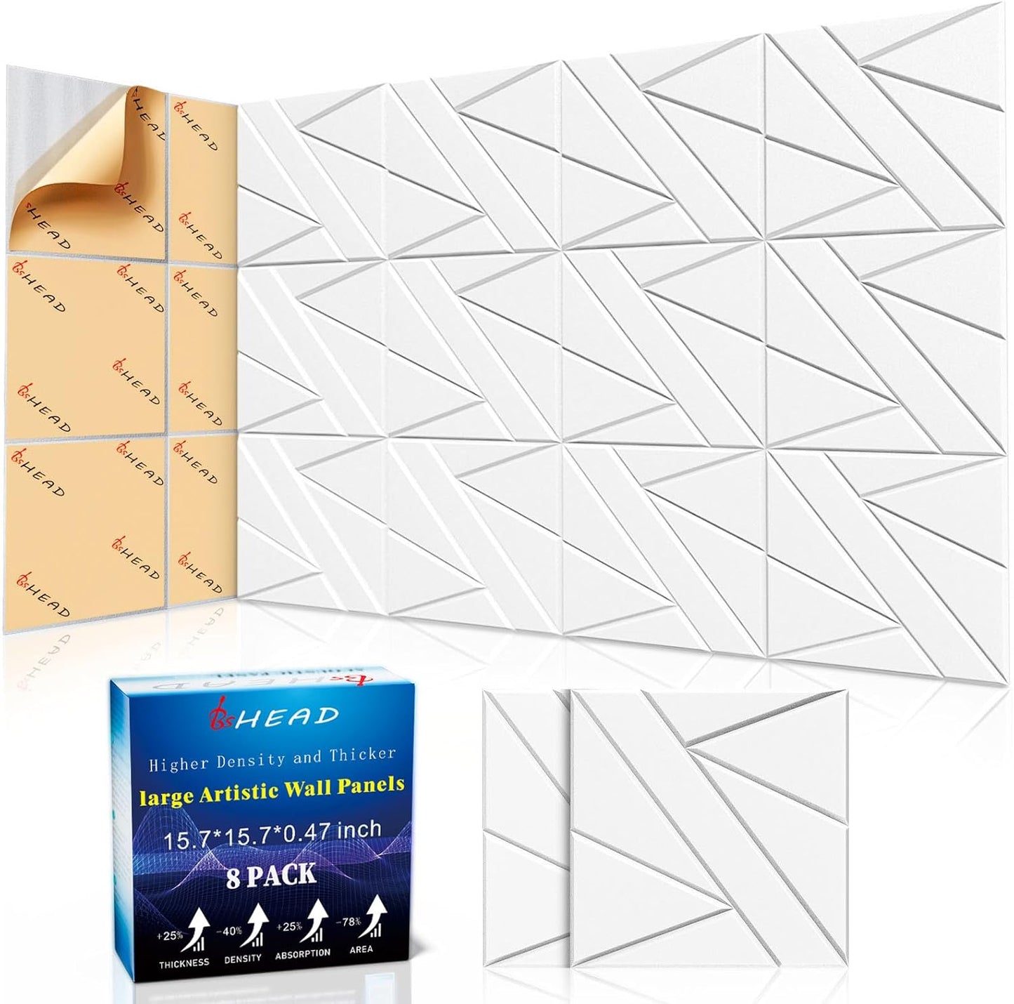 8 Pack Self-Adhesive Soundproof Wall Panels, 15.7 x 15.7 x 0.47 in Sound Proof Foam Panels for Walls, 1.2lb/ft³ High Density, Thicker 0.47in, Large Size Acoustic Panels, Sound Dampening Panels White