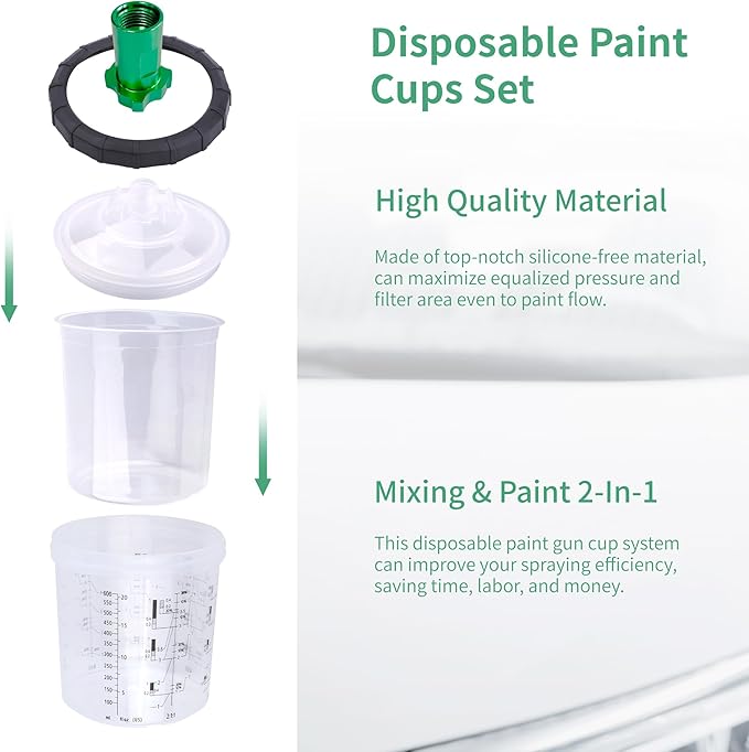 HVLP Spray Gun with 10Pcs 600ML Disposable Paint Cups, 4 Nozzles,1.4/1.7/2.0/2.5mm, Automotive Gravity Feed Paint Spray Gun Kit with Air Compressor Regulator for Auto (Green)