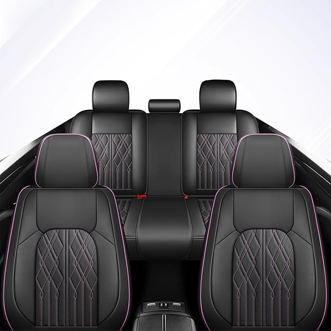 Huidasource Leather Rear Seat Covers, Waterproof Rear Seat Cover for Split Bench, Vehicle Seat Cushion Cover Protector Universal Fit for Most Cars Sedan SUV Pickup Truck(Back Row/Black&Purple)