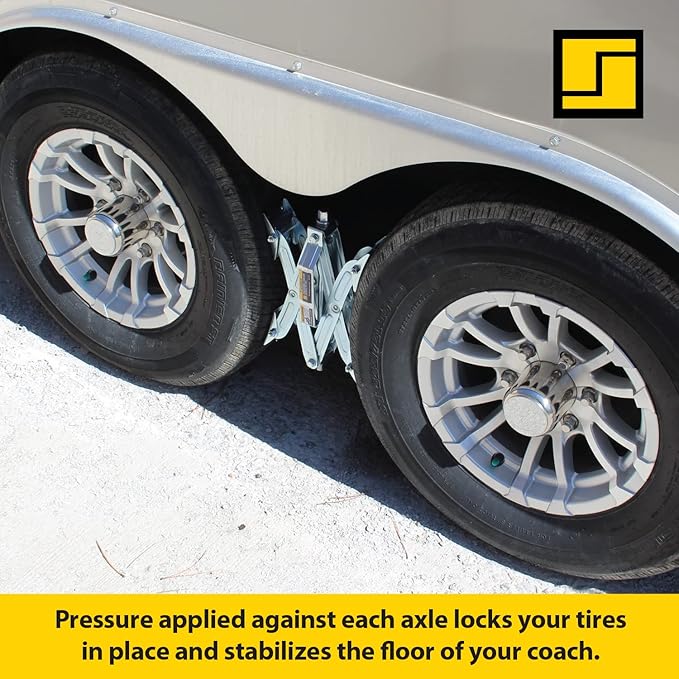 Stromberg Carlson JBP-T217.2 Tandem Axle T-Chock - Heavy Duty RV Wheel Chocks & Tire Stabilizers - Camper Wheel Chock Scissor Stabilizers for RVs, Trailers, and Campers- Fits Tires 2"-17" Apart 2-Pack