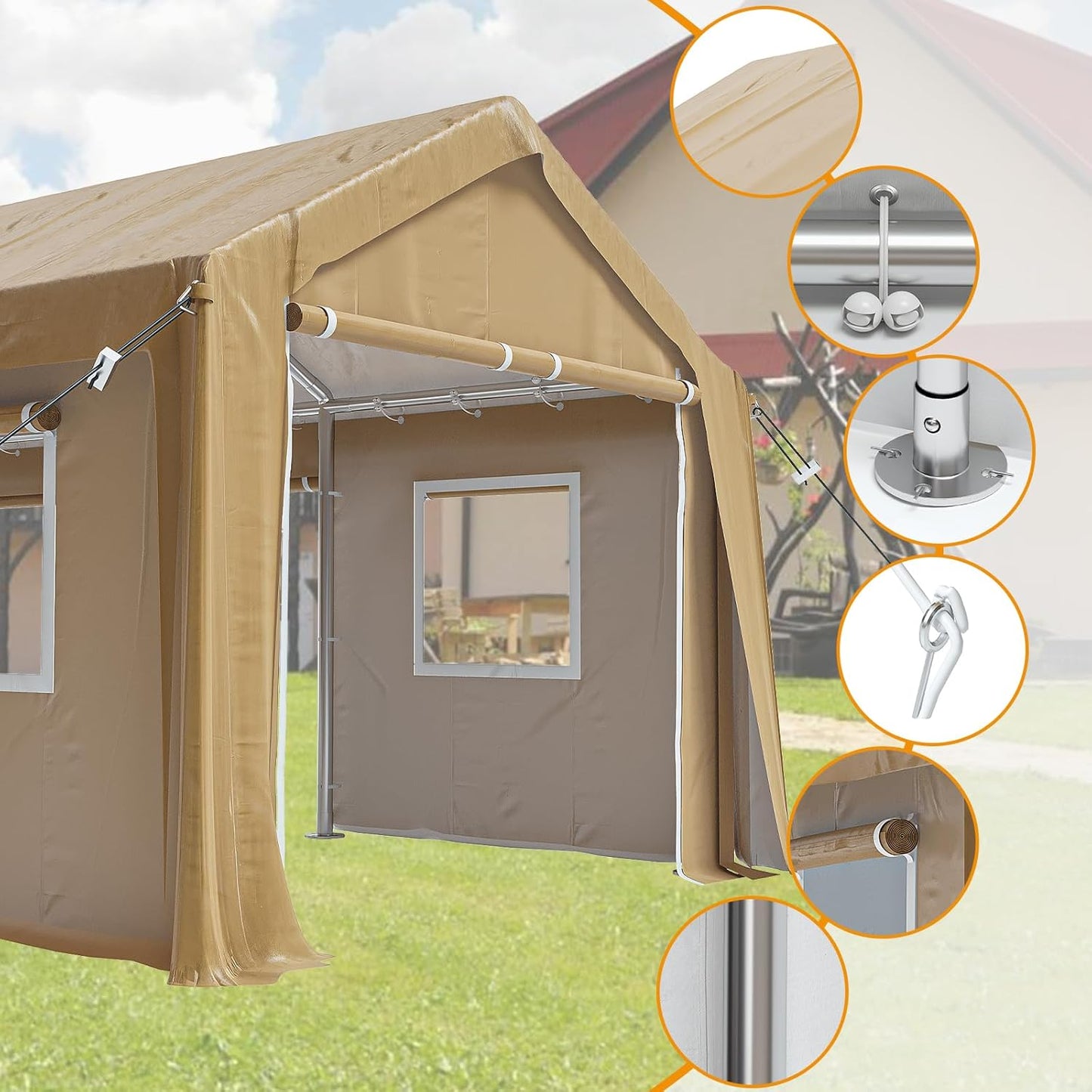 12x20ft Heavy Duty Carport Outdoor Canopy Portable Garage with 4 Doors & 4 Windows Waterproof UV Resistant Storage Shelter with Removable Sidewalls for Car Truck Boat, Earthy Yellow
