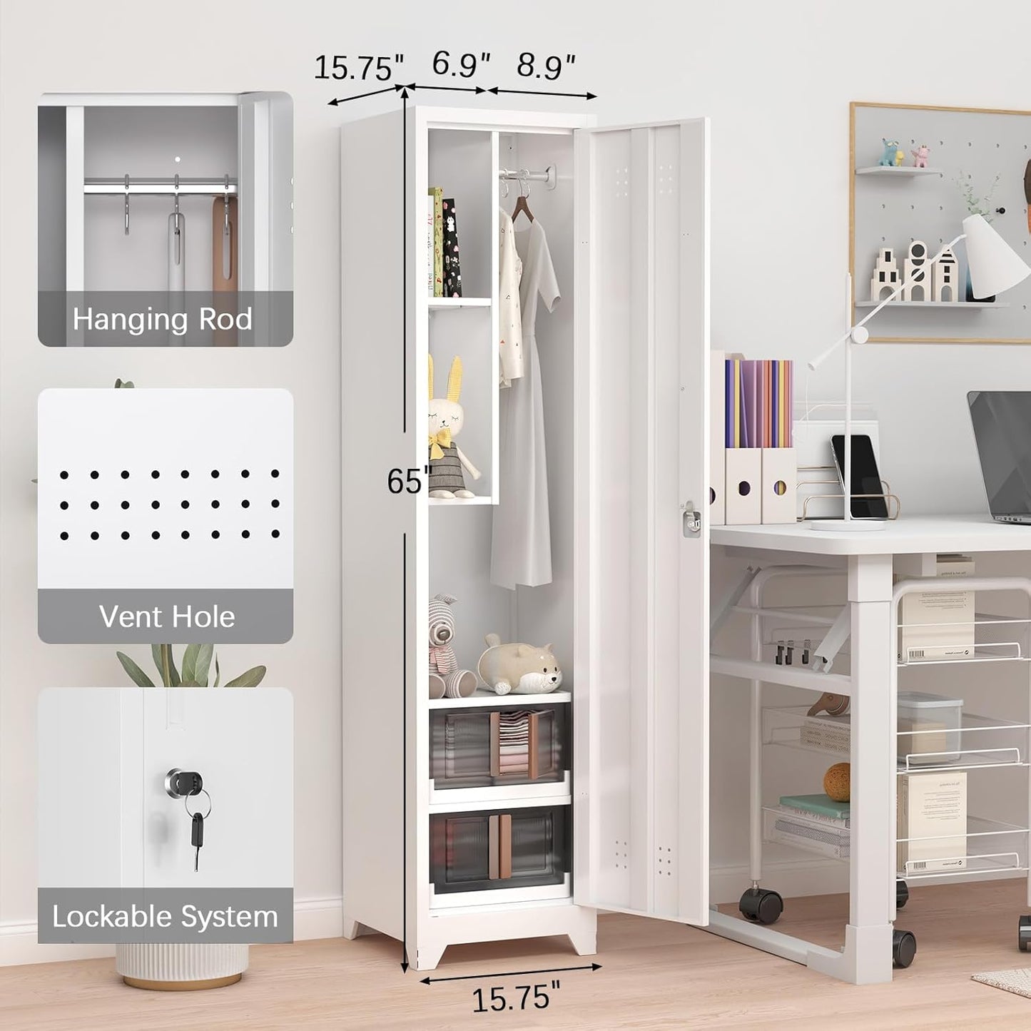 GREATMEET Slim Broom Closet Storage Cabinet, Narrow Utility Closet, 65" Metal Cleaning Supply Storage with Lock and Door,Utility Cabinets for Brooms and Mops for Laundry Room, White