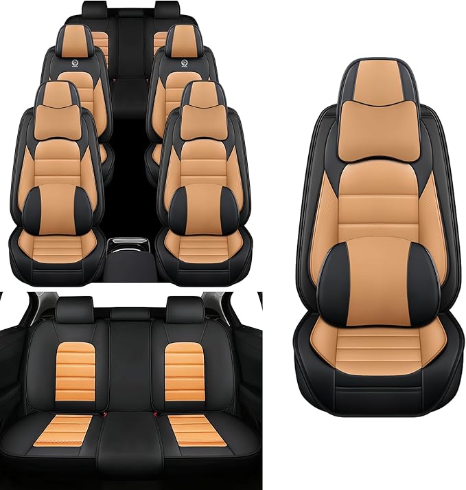 Car Seat Covers Fit for Toyota Highlander 2000-2025 | 7 Seat Car Seat Cover | No-Slip Waterproof Breathable Faux Leather Automotive Seat Covers Auto Interior Covers Black-Orange,Full Set with Pillow