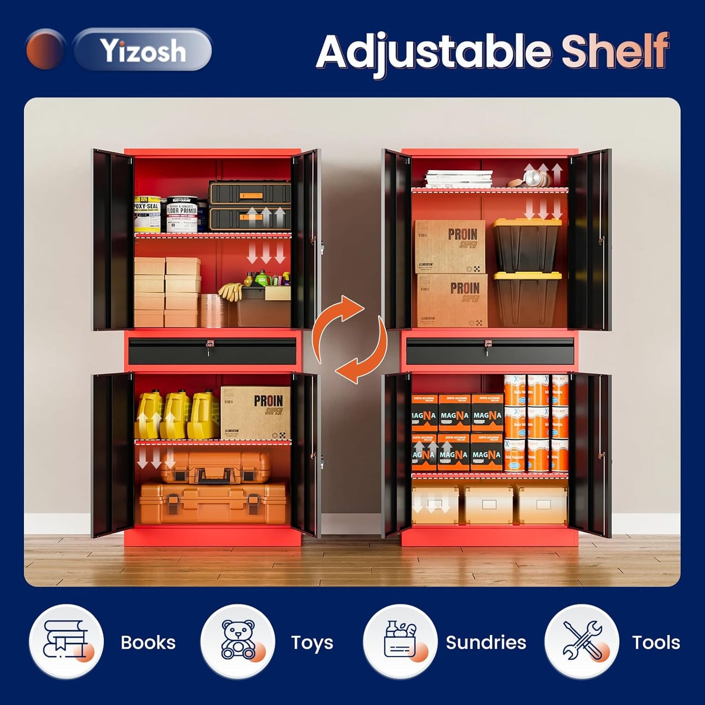 Yizosh Metal Garage Storage Cabinet with Locking Doors and Adjustable Shelves,- 71" Tool Storage Cabinet with 1 Drawer for Garage,Office,Warehouse