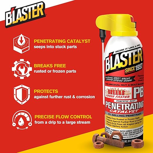 B’Laster Penetrating Oil Spray – Rust Prevention Penetrating Fluid – Loosens Rusted Bolts, Protects Against Corrosion, Multi-Use Anti Rust Spray for Frozen Parts – 11oz (Case of 6)