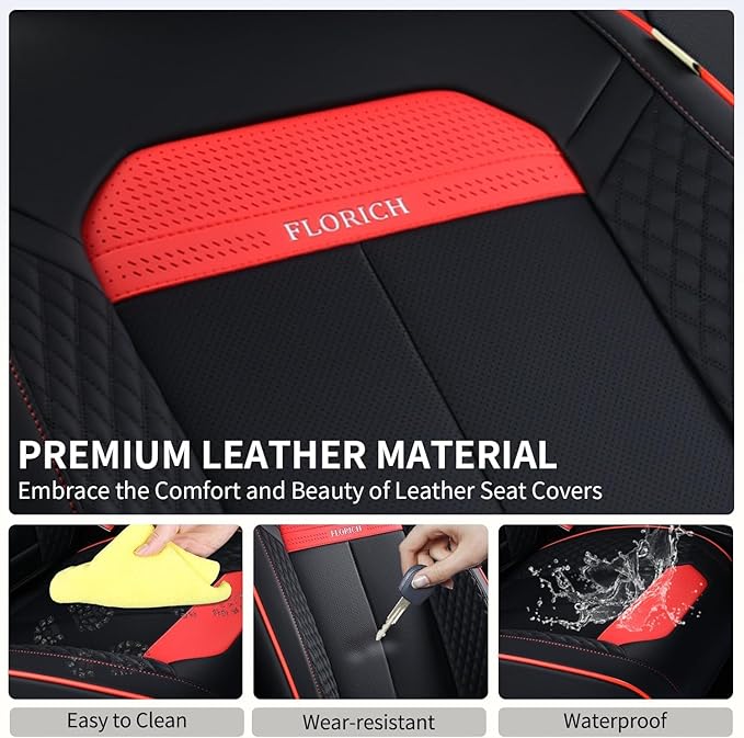 FLORICH Front Seat Covers, Luxury Car Seat Cover with Waterproof Leather, Automotive Vehicle Seat Covers for Cars Trucks Vans SUVs Sedans (2 Packs, Black&Red Line)