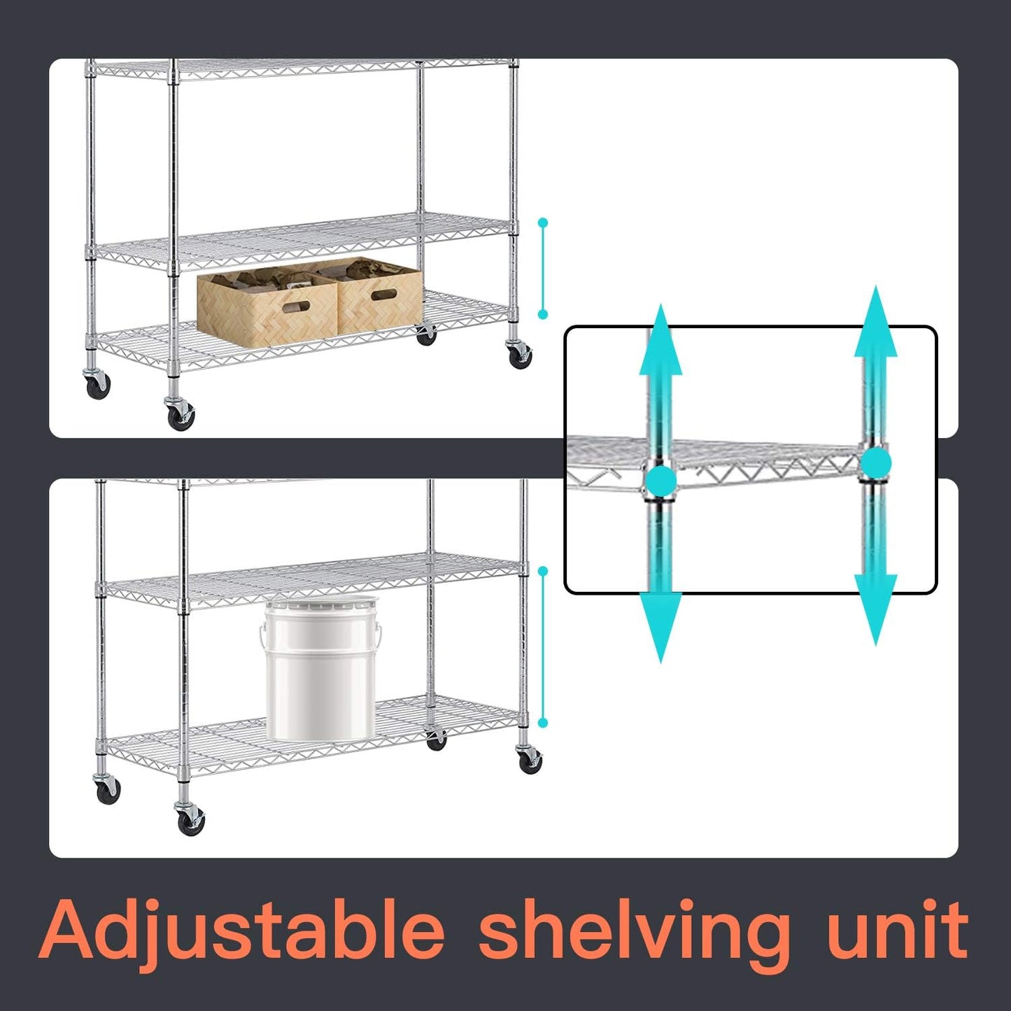 48" D×18" W×82" H Wire Shelving Unit Metal Shelf with 6 Tier Casters Adjustable Layer Rack Strong Steel for Commercial Restaurant Garage Pantry Kitchen Garage，Chrome
