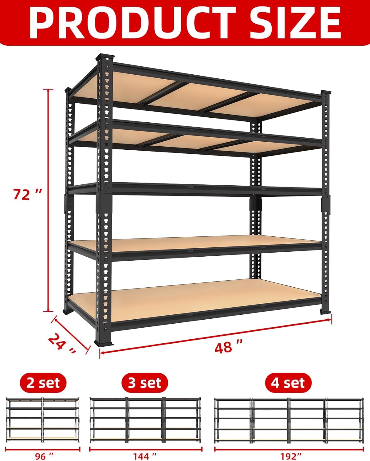PrimeZone Heavy Duty Garage Storage Shelves - 48" W X 24" D X 72" H Adjustable Metal Shelving Unit, 5 Tier Industrial Shelves for Storage Standing Utility Rack for Warehouse, Basement, Black, 4 Pack