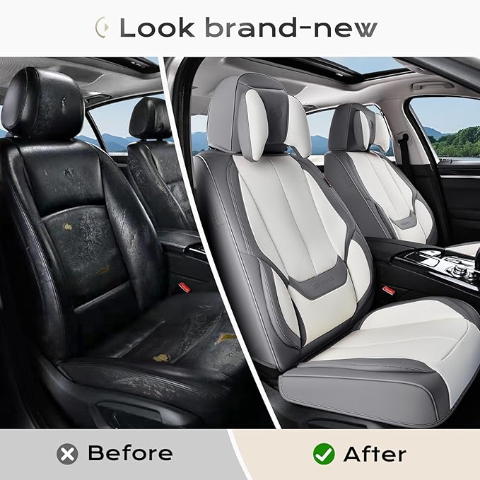 Coverado Seat Covers, Car Seat Covers Front Seats, Car Seat Cover, Car Seat Protector Waterproof, Seat Cushion Nappa Leather with Head Pillow, Carseat Cover Universal Fit for Most Cars (Gray&White)