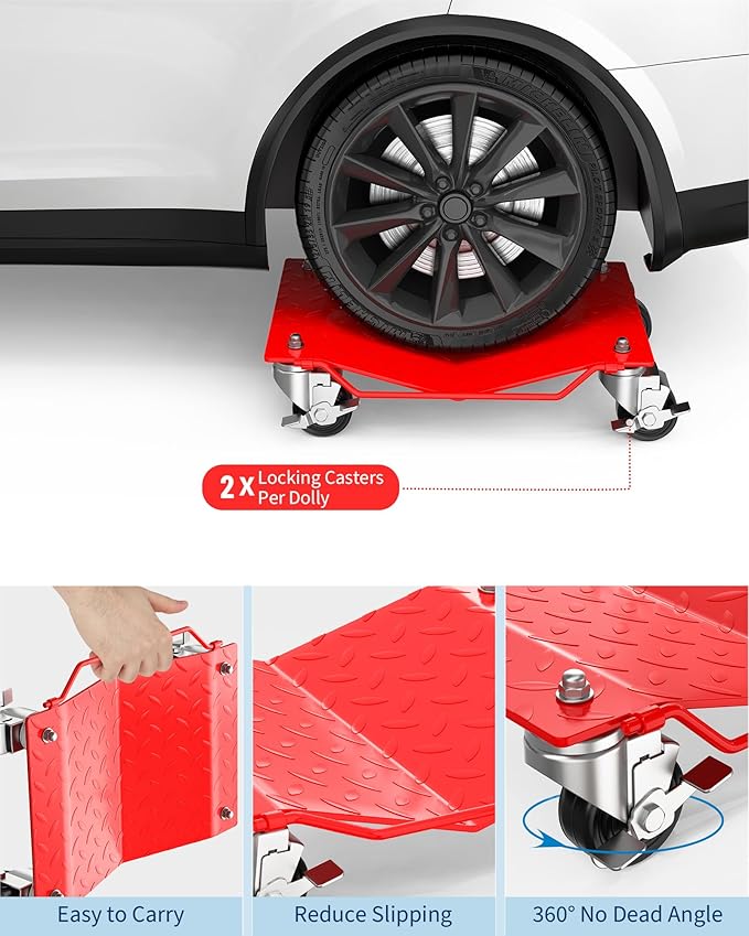 Car Wheel Dolly Set of 2,3000 LBS Capacity Heavy Duty Vehicle Mover Dolly with Brakes for Moving Cars, Trucks, Trailers and Motorcycles, Red