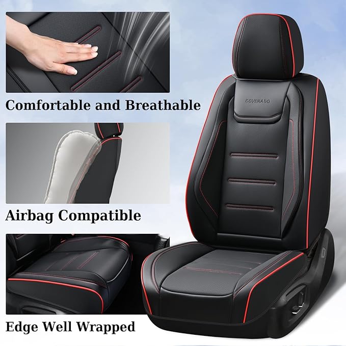 Coverado Car Seat Covers Full Set, Seat Covers for Cars, Car Seat Protector Waterproof, Leather Cushion, Universal Car Interior Covers Seat Protectors for Most Cars Black-Redline