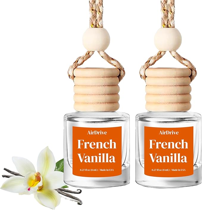 Car Air Freshener French Vanilla 2 Pack - Sweet Aroma Diffuser, Long-Lasting Vanilla & Cake Hanging Oil Diffuser with Wooden Cap, Non-Toxic Rearview Mirror Accessory, Made in USA