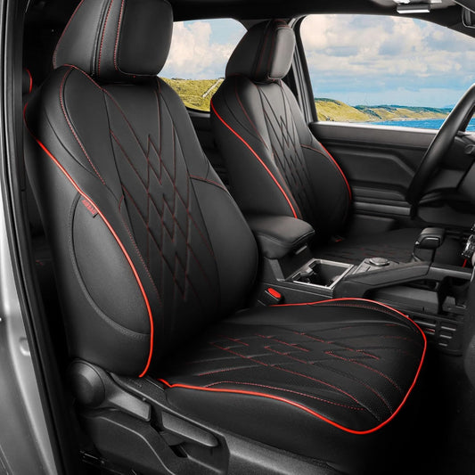 EKR Custom Fit Tacoma Car Seat Covers for Select Toyota Tacoma (Petrol) 2024 2025 Double cab SR,SR5,TRD Sport,TRD Off-Road,Limited - Full Set,Leather(Black with Red Trim)