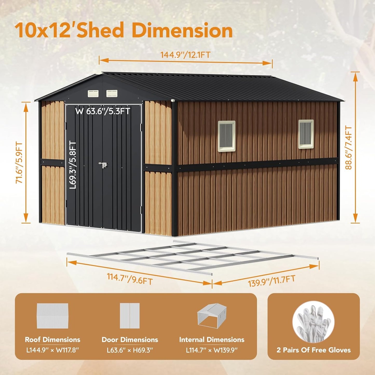 10X12 FT Outdoor Steel Storage Shed with Lockable Doors, 2 Windows, Garden Shed Ideal for Backyard, Patio Storage,Chicken Coop(Wood Panels & Frame Floor Not Included)