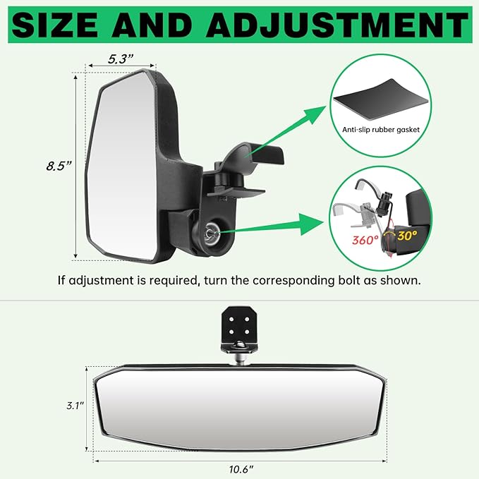 UTV Side Mirrors + Center Rearview Mirror Kit,Compatible with Polaris Ranger 1000 900 570(The Center Mirror is Only Suitable for Models with Drop-Down Mounting Holes,Not Compatible with Full-Door)