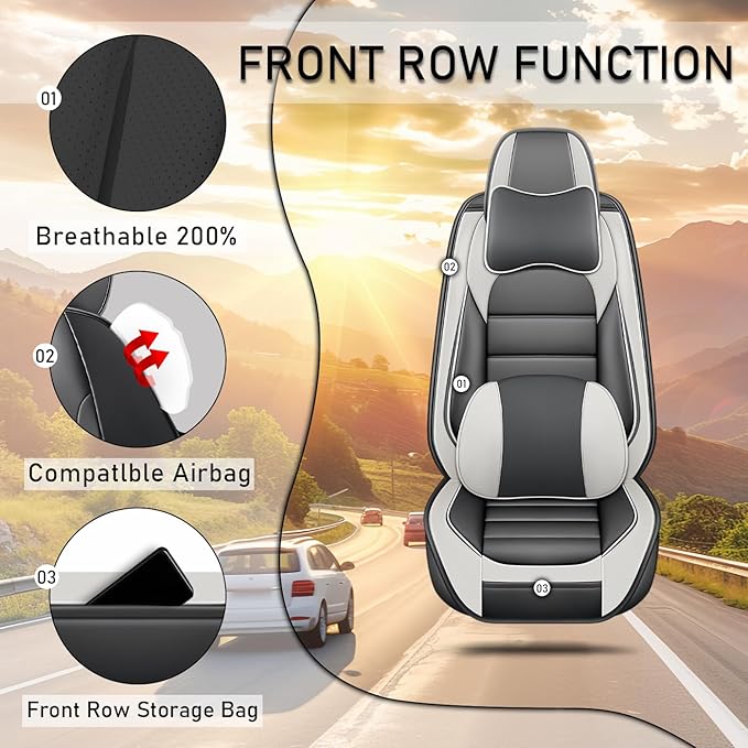 Car Seat Covers Fit for Toyota Highlander 2000-2025 | 7 Seat Car Seat Cover | No-Slip Waterproof Breathable Faux Leather Automotive Seat Covers Auto Interior Covers White Gray,Full Set with Pillow