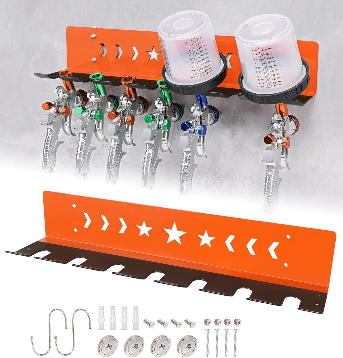 Paint Spray Gun Rack for Magnetic or Wall Mount, Holds 7 Gravity Feed Guns or 4 with Cups, Heavy-Duty Steel Paint Organizer with S-Hooks for Garage, Body Shop or Workshop, Orange