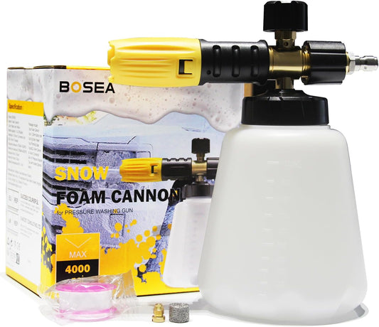 BOSEA Foam Cannon for Pressure Washer, Wide Neck Heavy Duty 4000PSI Adjustable Car Soap Dispenser for Pressure Washer with M22 and 1/4" Quick Connector, 1L Bottle