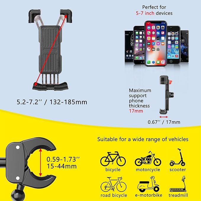 Picozon Bicycle Cellphone Holder, Motorcycle Phone Handlebars Clamp Mount for All Smartphones - Red