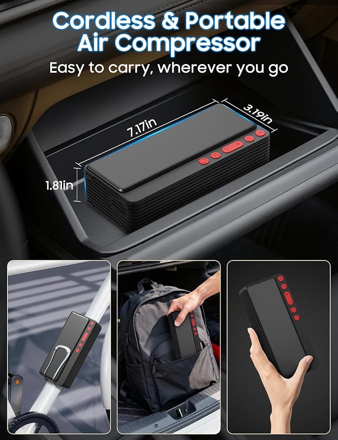 Tire Inflator Portable Air Compressor, 10000mAH&150PSI Smart APP Cordless Air Pump For Car Tires, Built-in Accessories Storage, Bike Pump with Digital Gauge&LED Light for Motorcycle, Ball