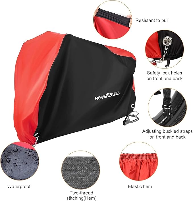 NEVERLAND Motorcycle Cover Waterproof Outdoor - Motorbike Scooter Covers Heavy Duty Medium with Lock-Holes, Bandage, Storage Bag Compatible with Harley Davidson Kawasaki Yamaha Honda Grom (Up to 116”)