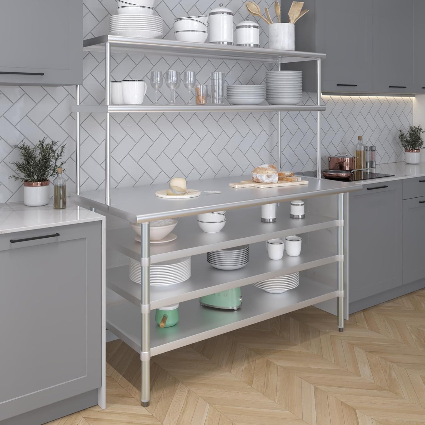 Amgood 30" x 60" Stainless Steel Work Table with 3 Shelves and 18" Wide Double Tier Overshelf | Metal Kitchen Prep Table & Shelving Combo | NSF
