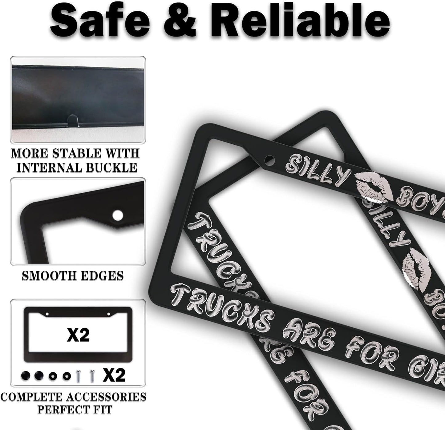 License Plate Frame Black and White License Plate Protector Silly Boys Trucks are for Girls Universal Aluminum Car Accessory 2 Pack with Screw Covers Set