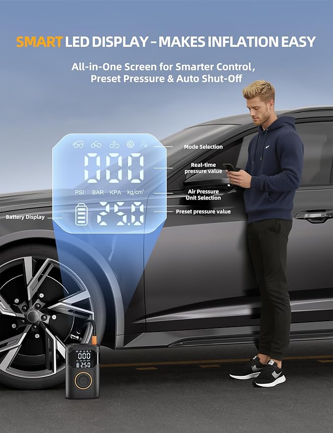 Tire Inflator Portable Air Compressor-150PSI Tire Air Pump, 5X Faster with Digital Gauge, Auto-Off & LED Light, Air Pump for Car Tires, Motorcycle, Bike, Balls & More, Stocking Stuffers Gifts for Men