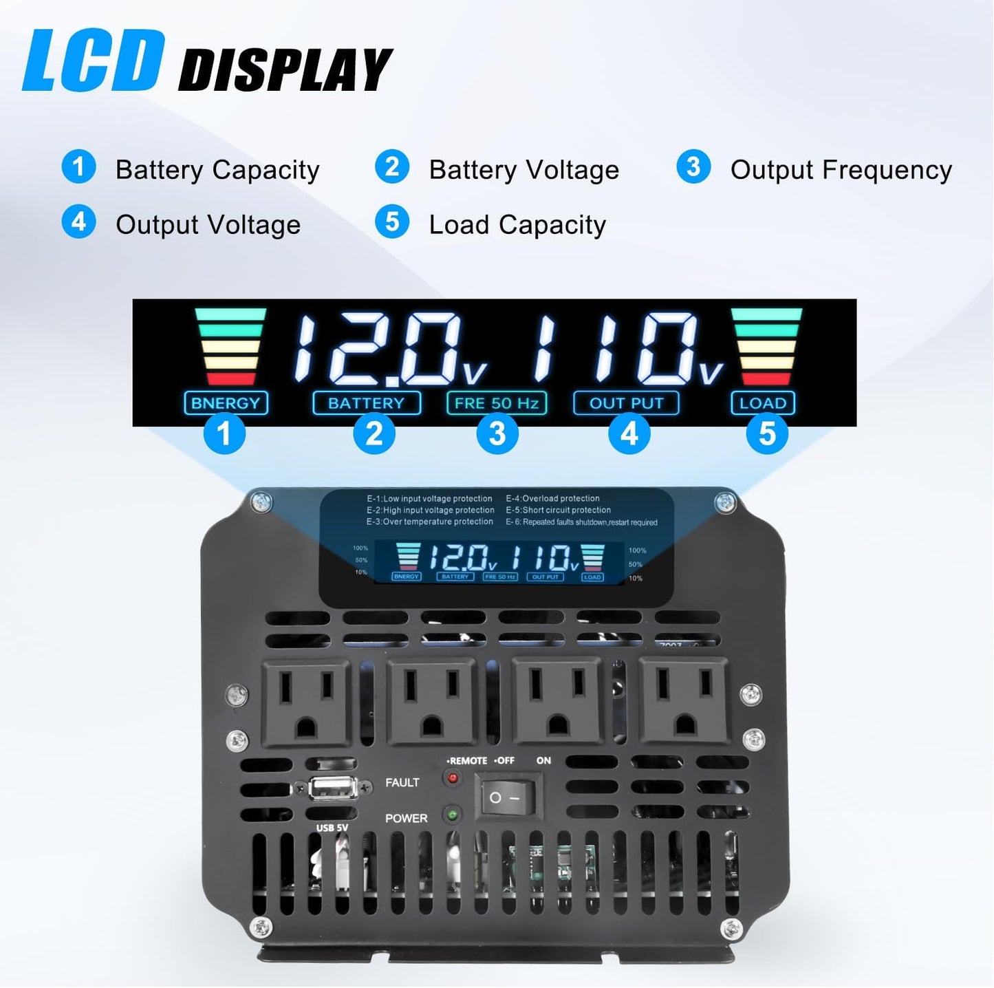 4000 Watt Power Inverter, Car Inverter 12V DC to 110V/120V AC Converter with LCD Display, 4 AC Outlets, USB Port & Remote Controller for RV, Truck, Off-Grid Solar System