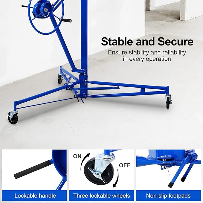 11FT Drywall Lift Sheetrock Lift, 150LBS Capacity, Drywall Lift Panel Hoist with Telescopic Arm, Drywall Jack Lift with 3 Lockable Wheels for Home Improvement Classic, 4'x16' Panel Size, Blue