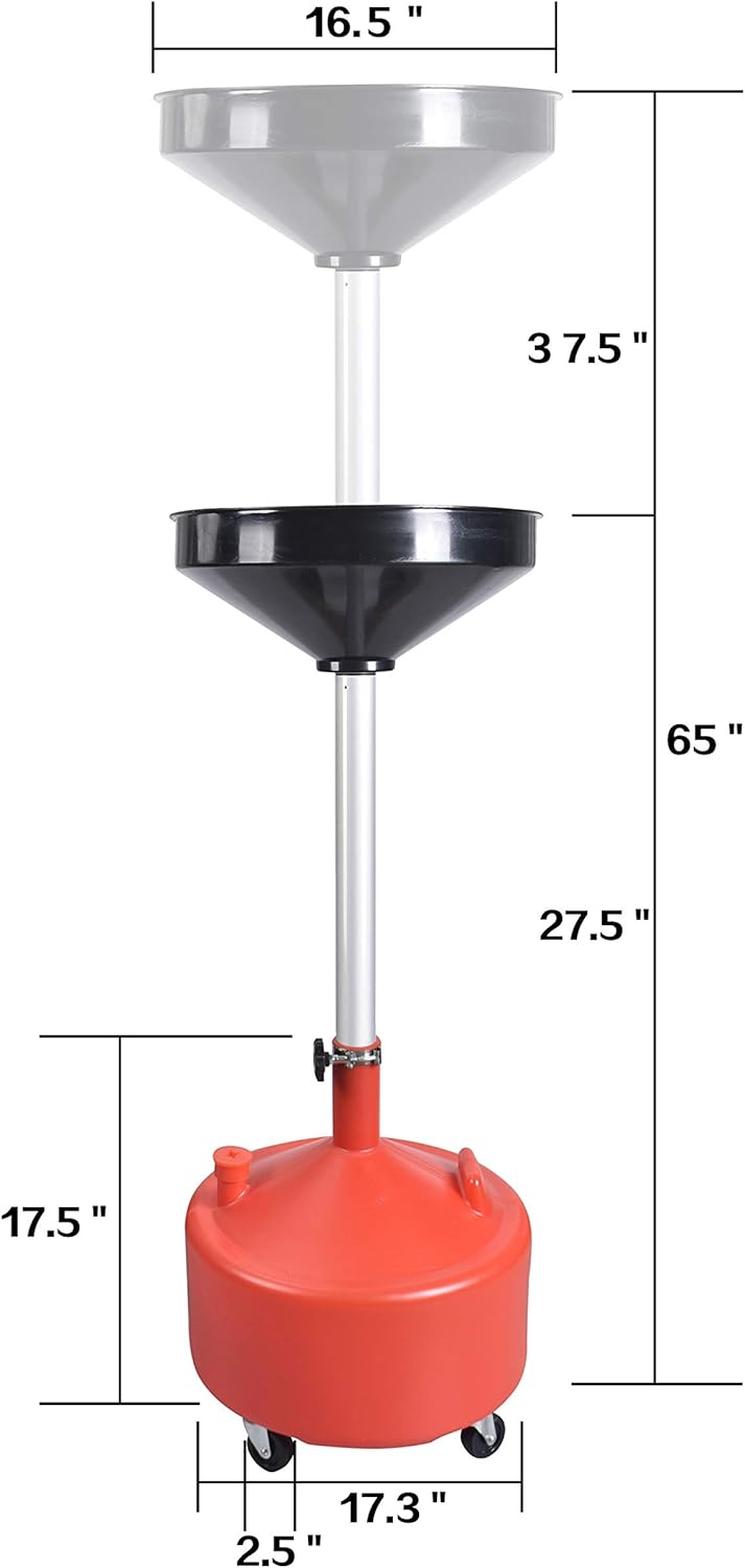 A A IN AA045 8 Gallon Portable Waste Oil Drain,Industrial Fluid Drain Tank with Wheels and Adjustable Funnel Height. Red.