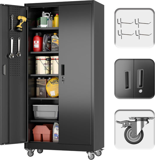 71" H×32" W×16" D Garage Storage Cabinet with Wheels, Locking Metal Storage Cabinet with 5 Adjustable Shelves, 4 Hooks and Pegboard for Garage, Home Office, Kitchen, Black, Assembly Required